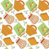 Pattern of environmentally friendly and reusable bags made of straw, paper, fabric and mesh. Conscious, stylish approach to shopping and daily life. Eco-friendly lifestyle. Sign of recycling. Seamless vector