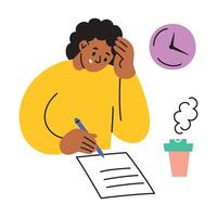 illustration of a student writing an exam against the clock, showing focus and concentration, thinking and pondering. Flat cartoon style, ideal for educational themes, school vector