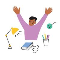 illustration of a student finish homework, ready for an exam, success and relief after studying. Boy reading book for school. Flat cartoon style, ideal for educational themes vector