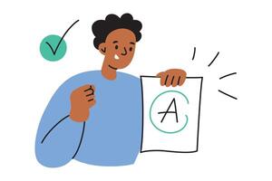 illustration of a happy student with top test or exam results. Flat cartoon style. Education, study, and learning. Success and achievement in school, university, or college. Celebration and joy vector