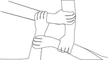 Continuous line of men giving high fives gesture hands to celebrate success. Business teamwork concept vector