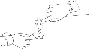 Self drawing line animation of two hands with puzzle pieces connecting together vector