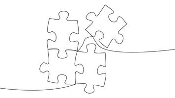 One line connecting puzzle pieces in one continuous line. Puzzle element. vector