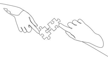 Self drawing line animation of two hands with puzzle pieces connecting together vector
