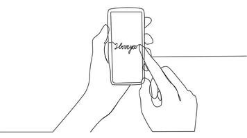 Self drawing animation of continuous one line hands holding smartphone. vector