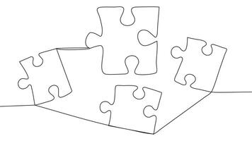 One line connecting puzzle pieces in one continuous line. Puzzle element. vector