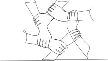 Continuous line of men giving high fives gesture hands to celebrate success. Business teamwork concept vector