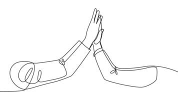 Continuous line of men giving high fives gesture hands to celebrate success. Business teamwork concept vector