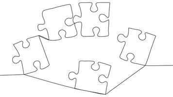 One line connecting puzzle pieces in one continuous line. Puzzle element. vector