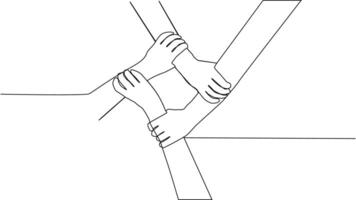 Continuous line of men giving high fives gesture hands to celebrate success. Business teamwork concept vector