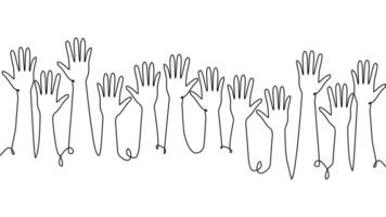 continuous single line drawing of a group of hands raised up. The concept of voting, elections vector