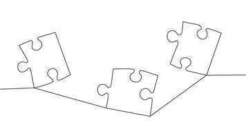 One line connecting puzzle pieces in one continuous line. Puzzle element. vector