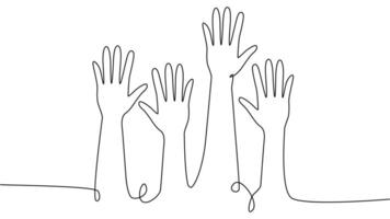 continuous single line drawing of a group of hands raised up. The concept of voting, elections vector