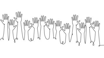 continuous single line drawing of a group of hands raised up. The concept of voting, elections vector