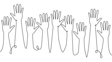 continuous single line drawing of a group of hands raised up. The concept of voting, elections vector