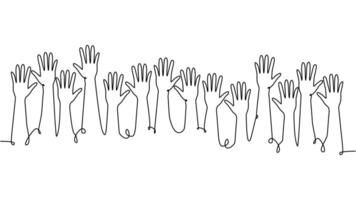 continuous single line drawing of a group of hands raised up. The concept of voting, elections vector