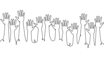 continuous single line drawing of a group of hands raised up. The concept of voting, elections vector