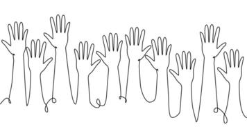 continuous single line drawing of a group of hands raised up. The concept of voting, elections vector