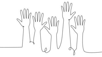 continuous single line drawing of a group of hands raised up. The concept of voting, elections vector