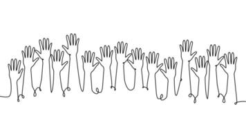 continuous single line drawing of a group of hands raised up. The concept of voting, elections vector