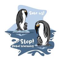 Global warming poster design penguin standing on melting ice floe vector