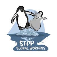 Global warming poster design penguin standing on melting ice floe vector