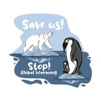 Global warming poster design penguin and polar bear standing on melting ice floe vector