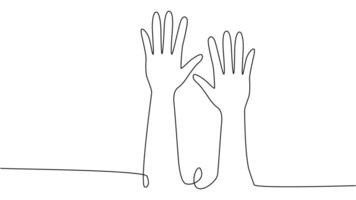 continuous single line drawing of a group of hands raised up. The concept of voting, elections vector