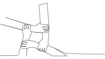 Continuous line of men giving high fives gesture hands to celebrate success. Business teamwork concept vector