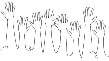 continuous single line drawing of a group of hands raised up. The concept of voting, elections vector