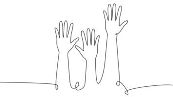 continuous single line drawing of a group of hands raised up. The concept of voting, elections vector