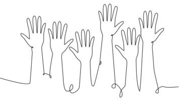 continuous single line drawing of a group of hands raised up. The concept of voting, elections vector