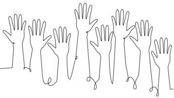 continuous single line drawing of a group of hands raised up. The concept of voting, elections vector