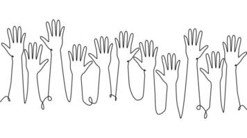continuous single line drawing of a group of hands raised up. The concept of voting, elections vector