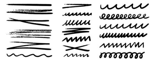 Crayon pencil texture squiggles, lines black colors. Various underlines, strikethrough, wavy rough lines vector