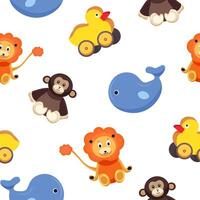 Childish seamless pattern with funny adorable toy animals - monkey, duck, whale, lion on white background. Colorful illustration for wallpaper, textile print, backdrop, wrapping paper. vector