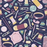 Seamless pattern with hand drawn knitting and sewing tools and materials on dark background - threads, scissors, needles, embroidery hoop. Colorful illustration for wallpaper, fabric print. vector