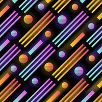 Futuristic seamless pattern with glowing gradient colored circles, stripes and diagonal parallel lines. illustration in 1980s style for wallpaper, wrapping paper, backdrop, textile print. vector