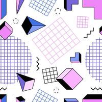 Seamless pattern with pink, blue and purple pyramids, cubes, other geometric shapes and zigzag lines on white background. illustration in modern style for textile print, wrapping paper. vector