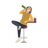 Young man sitting on stool at bar and drinking beer from bottle. Male cartoon character with alcohol abuse isolated on white background. Alcoholic or drunkard. Flat colorful illustration. vector
