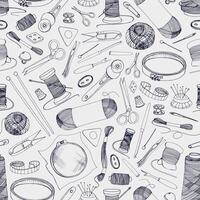 Monochrome seamless pattern with hand drawn knitting and sewing tools hand drawn with black contour lines on white background - threads, scissors, needles, embroidery hoop. illustration. vector
