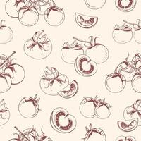 Seamless pattern with whole and cut tomatoes hand drawn with contour lines on light background. Backdrop with fresh delicious vegetable. illustration for wrapping paper, textile print. vector