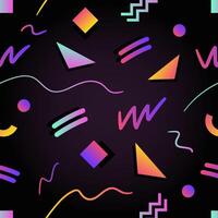 Retro futuristic seamless pattern with gradient colored squares, triangles, circles, zigzag and curved lines on black background. illustration in 1980s style for wrapping paper, fabric print. vector