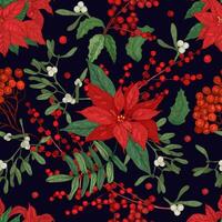 Elegant seamless pattern with parts of winter plants - poinsettia, mistletoe, branches of rowan tree with berries, holly leaves. Hand drawn illustration for wrapping paper, textile print. vector