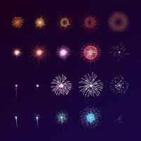 Set of fireworks bursting in sky. Collection of festive bright colored flashing lights. Bundle of celebratory design elements isolated on dark background. Colorful illustration for animation. vector