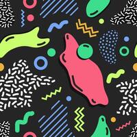 Modern simple seamless pattern with bright colored stains, lines and shapes of various texture on black background. Trendy abstract backdrop. illustration for fabric print. vector