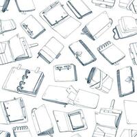 Monochrome seamless pattern with notepads, notebooks, diaries, sketchbooks hand drawn with contour lines on white background. Backdrop with paper books or pads for writing notes. illustration. vector