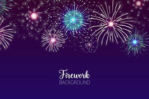 Beautiful background with spectacular fireworks bursting in dark night sky. Backdrop with festive colorful flashing lights. Holiday event celebration, pyrotechnics show. illustration. vector
