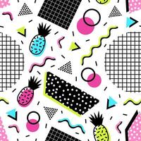 Seamless pattern with exotic pineapple fruits, geometric shapes and wavy lines of acid colors on white background. illustration in contemporary style for fabric print, wallpaper, backdrop. vector