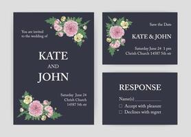 Bundle of beautiful wedding invitation, Save The Date and response card templates decorated with pink and yellow ranunculus flowers and leaves on black background. Botanical illustration. vector